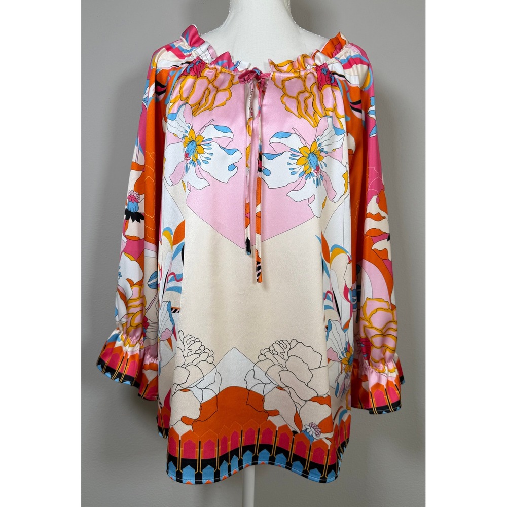 Ciebon Floral Ruffle Neck Blouse Long Sleeve Top Boho Art Retro